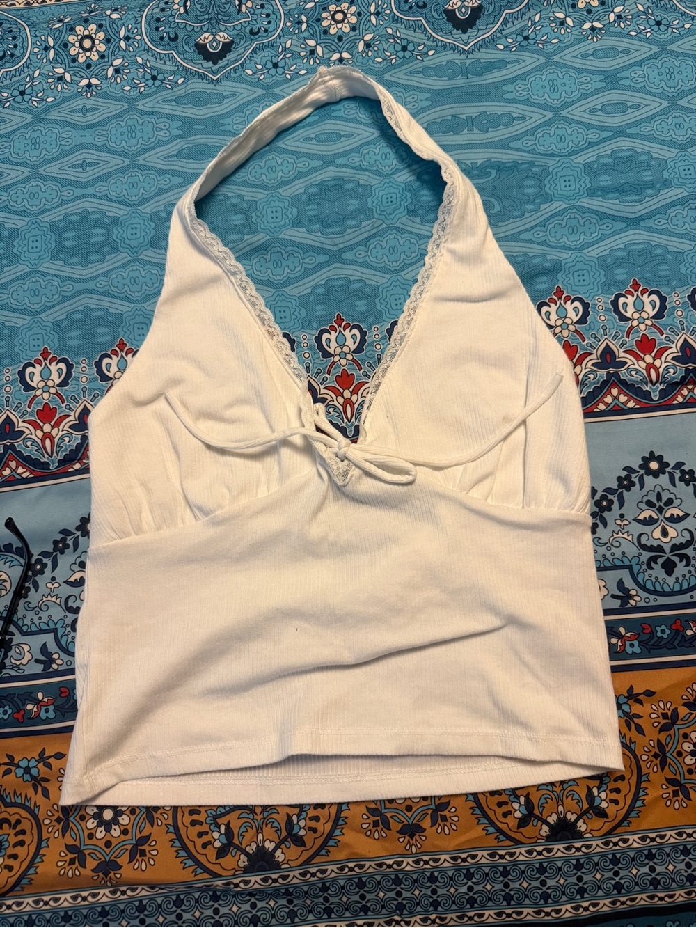 American Eagle Outfitters White Ribbed Lace-Trim Halter Bandeau Top